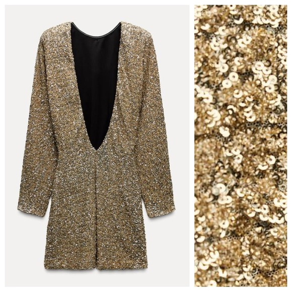 NWT. Zara ZW Collection Golden Sequin Short Dress. Size XS. - Picture 6 of 11